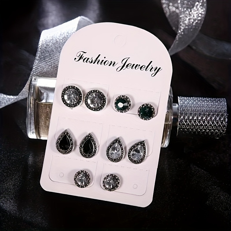 

5 Pairs Of Beautiful Artificial Gemstones - Retro Black Style - Crystal Studded Earring Set For Women - Party Dressing Accessories