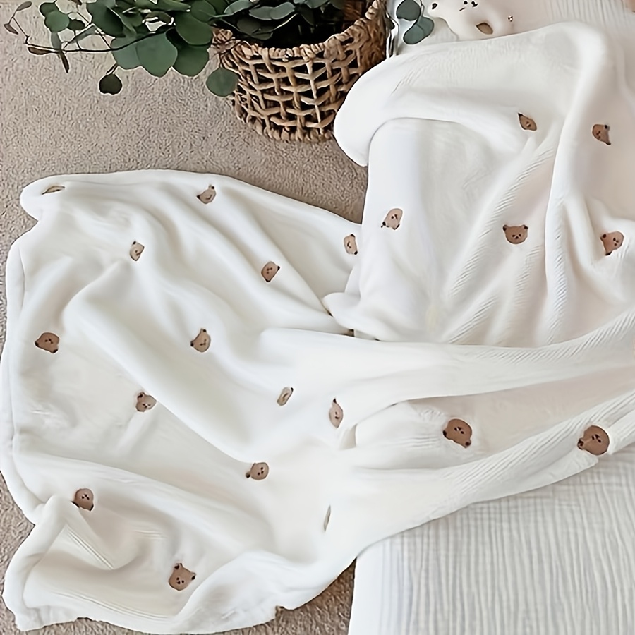 cozy   bear embroidered warm blanket soft polyester white details 1