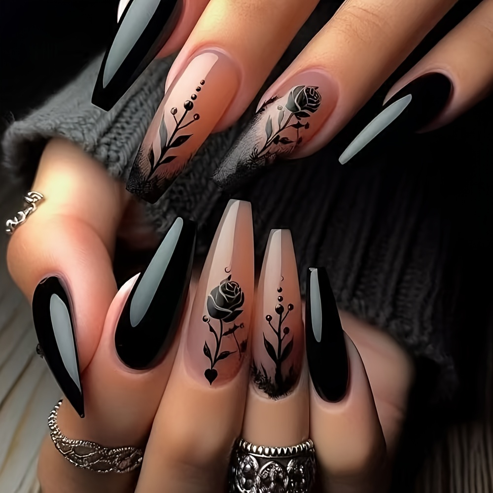 TEMU 24pcs Ballet-style Long Nail Extensions With - Glossy Finish, Black & Peach, Women And Girls, Festive Nail Art | Elegant Nail Design | Glossy Finish Nails