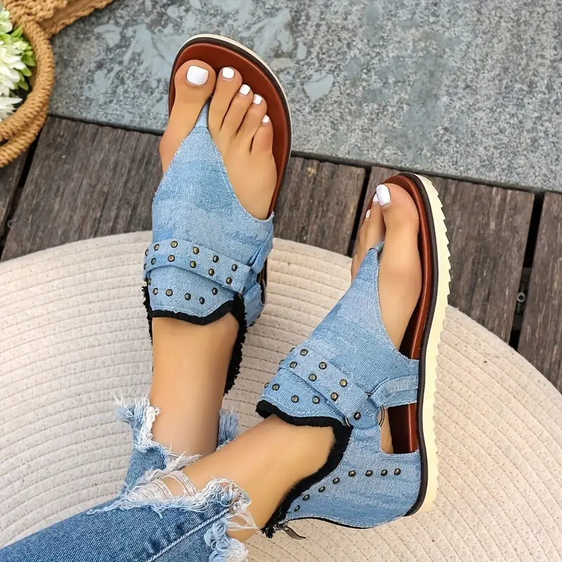 womens summer thong sandals casual flat sandals with denim straps and studded accents breathable canvas for beach wear details 4