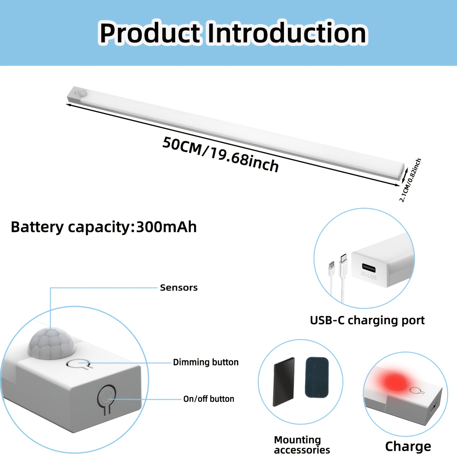 E-shop LED Bewegungssensor - Dimmbare Schrankleuchten, USB-Aufladbar, 3 Farbmodi (3000K/4500K/6000K), Nachtlicht, für Schlafzimmer, Treppe, Küche, &