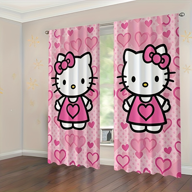 E-shop Sanrio 2-teilige Verdunkelungsvorhänge – Entzückendes Design mit rosa Kleid Herz-Aufdruck, maschinenwaschbar, Verdunkelung für Schlafzimmer-