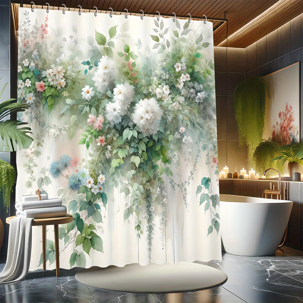 

1 rideau de douche à motif floral vert avec crochets, rideau de séparation de salle de bain étanche à la moisissure, accessoires de salle de bain, décoration intérieure