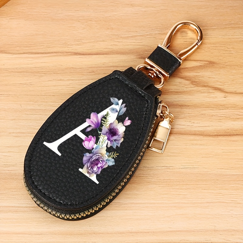 Image of 1 Lychee Pattern Key Bag - White Flower Letters A-z Car Key Protector, Key Holder Clip, Mini Car Key Organizer, Pu Keyring Wallet, Zipper Pouch, Car Key Organizer, Car Key Fob, Unisex Gift