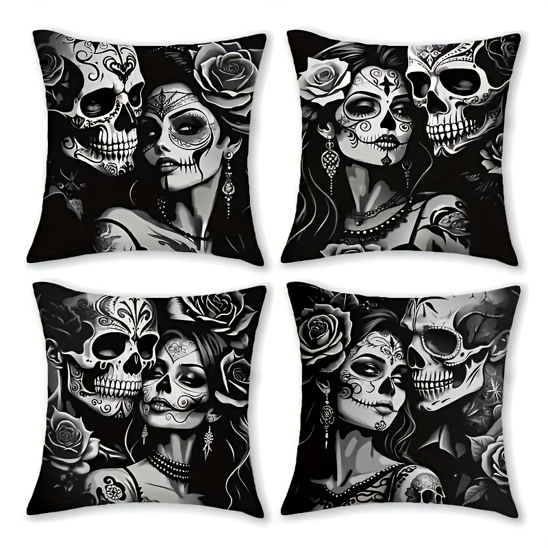 Image of 4pcs New Pillowcase Set, Marigold Dia De Los Muertos Home Decor, Double-sided Print In 3 Sizes: 40cm X 40cm, 45cm X 45cm, And 50cm X 50cm. Soft, Skin-friendly Fabric, Machine Washable, Zipper Closure