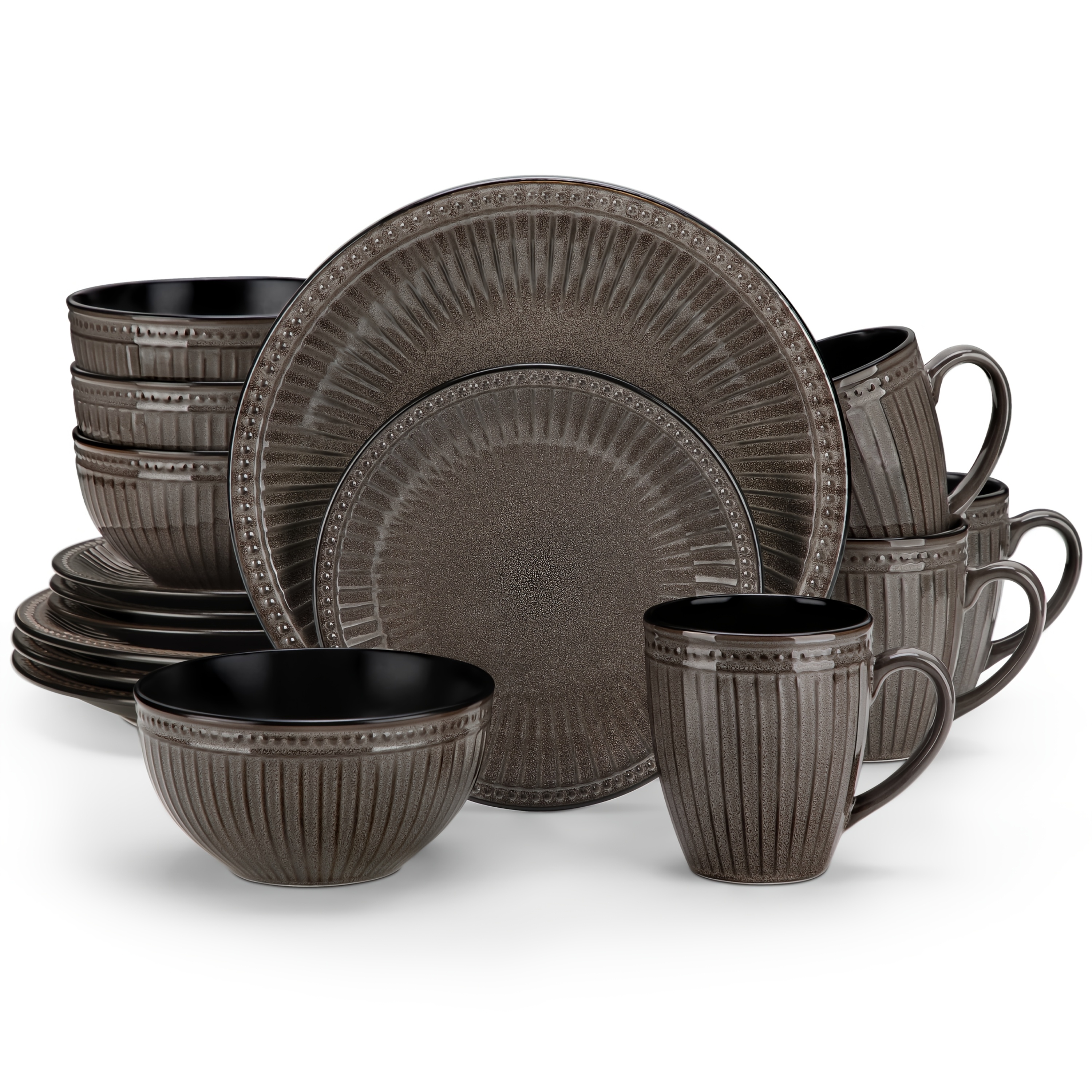 TEMU 16pcs Brown Embossed Stoneware Dinner Set For 4 - Includes Dinner Plates, Dessert Plates, Soup Bowls, Cups, Best For Christmas
