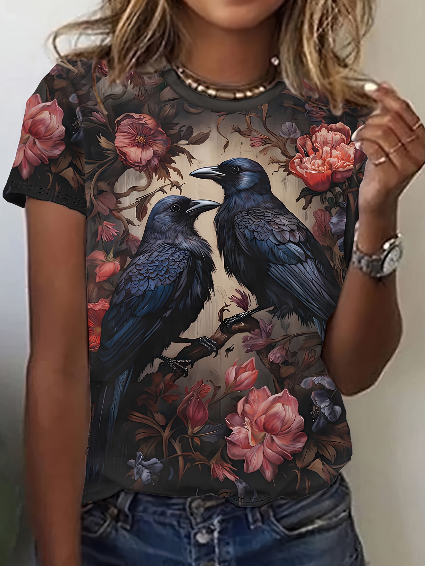 bird floral print t shirt casual crew neck short sleeve top for spring summer womens clothing mixed color 0