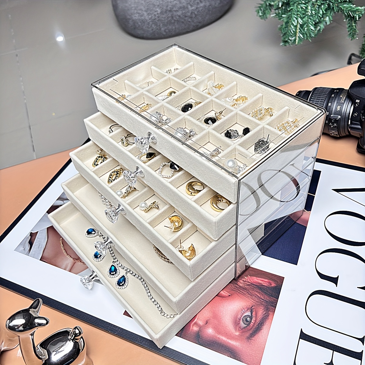   organizer box with beige gray elegant desktop storage case with clear lid multiple compartments slots for rings necklaces bracelets durable plastic construction for   boutique perfect gift for christmas valentines weddings no assembly needed home decor accessory stylish display polished   bridal accessories jewelry boxes Product details 10