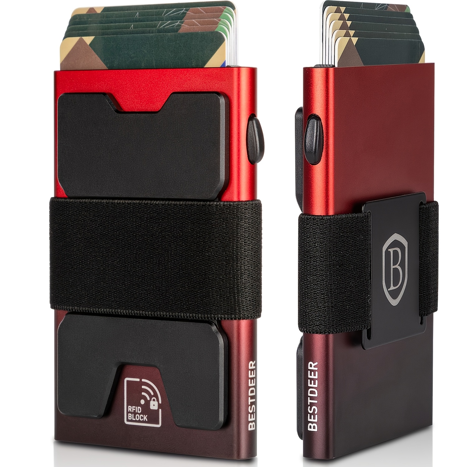 Men'-thin Card Holder Wallet | Durable Expandable Backplate Rfid-blocking Minimalist Pop-up Wallet Holds 12+ Cards & -red Gradient Elastic Strap Case
