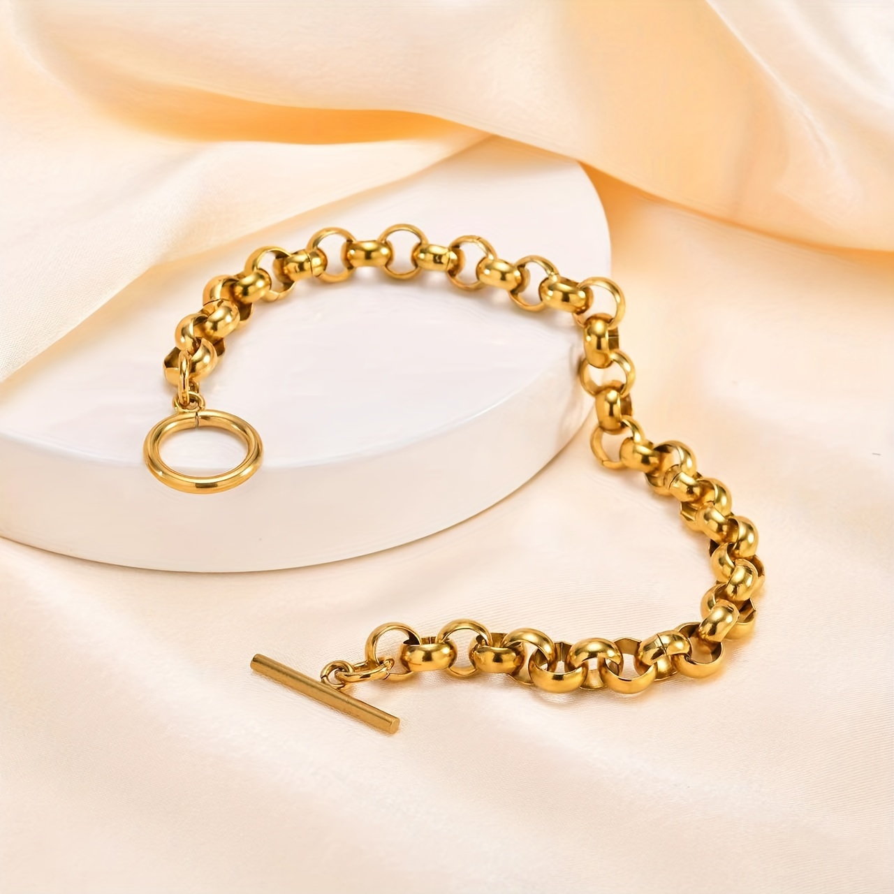 

Elegant & Chic Golden-tone Stainless Steel Beaded Bracelet For Women - Casual Attire Or Parties