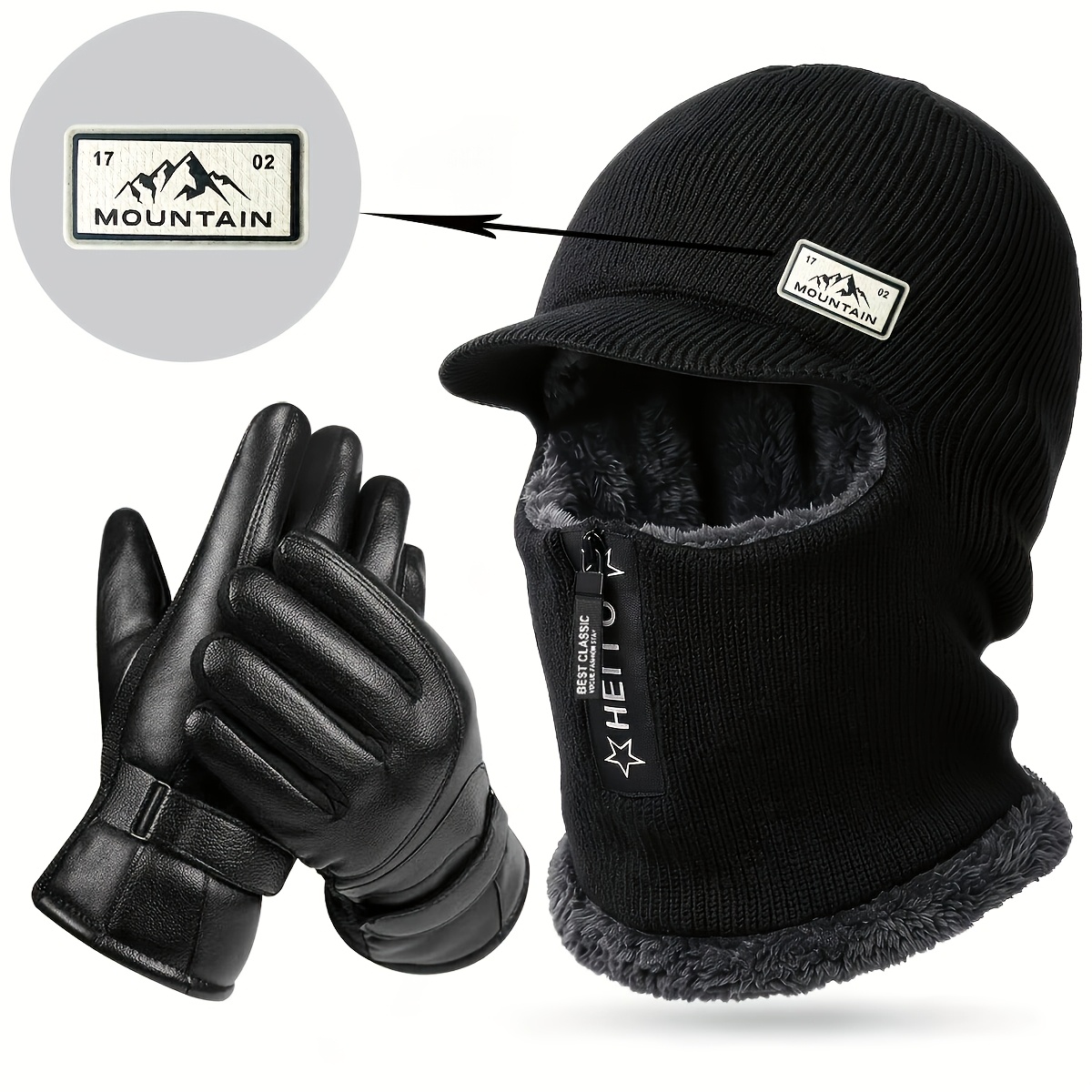 TEMU Ensemble tricoté avec bonnet à capuche et gants à fermeture éclair, doublé pour l'isolation, masque facial en extensible, gants thermiques,