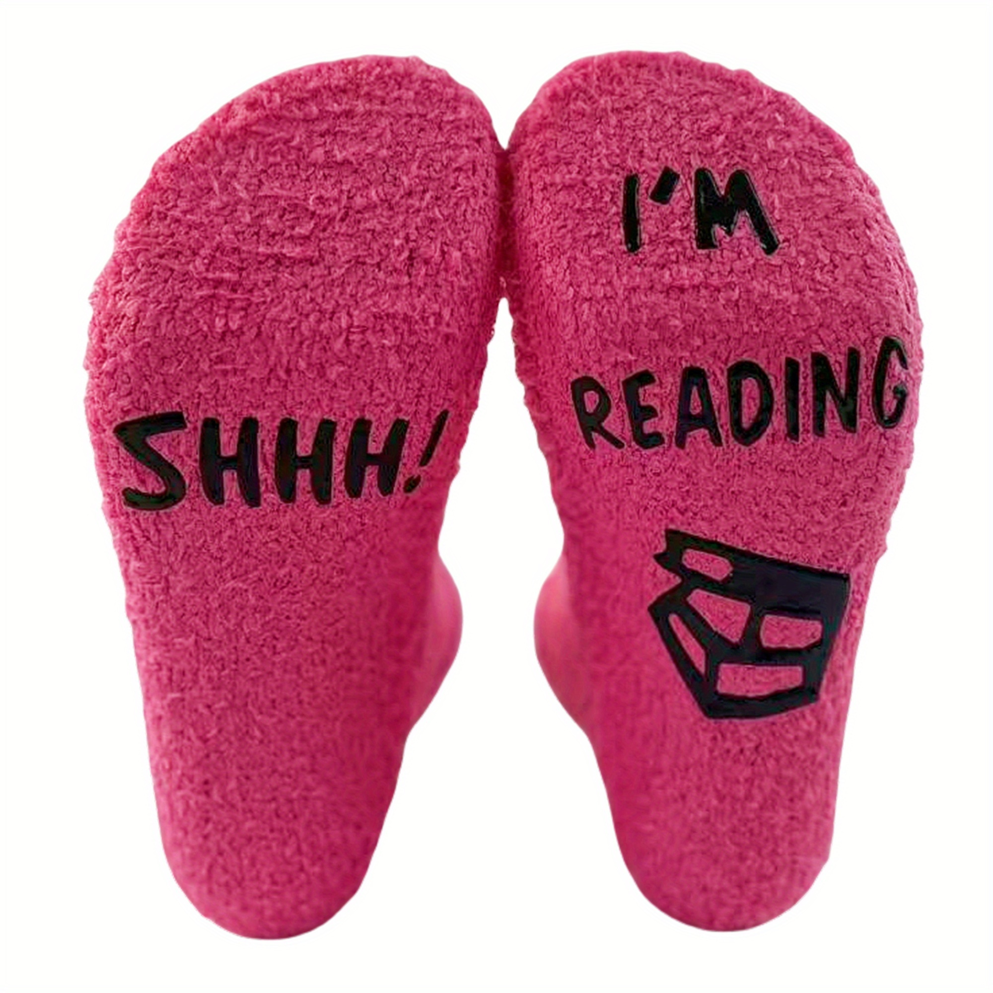 TEMU 1 Pair Of Unisex Autumn/winter Warm And Comfortable Coral Floor Socks - "shh, I'm Reading" Fun Letter Print, Gift For Book Lovers On