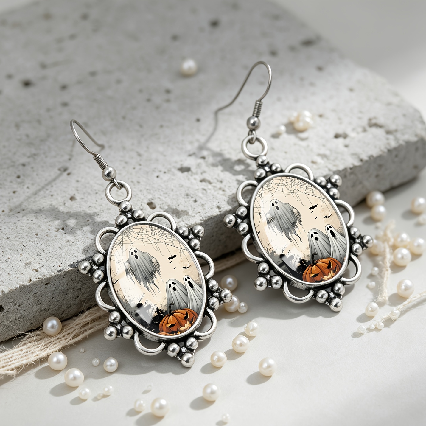 Unisex Ghostly Spiderweb Pattern Oval Earrings