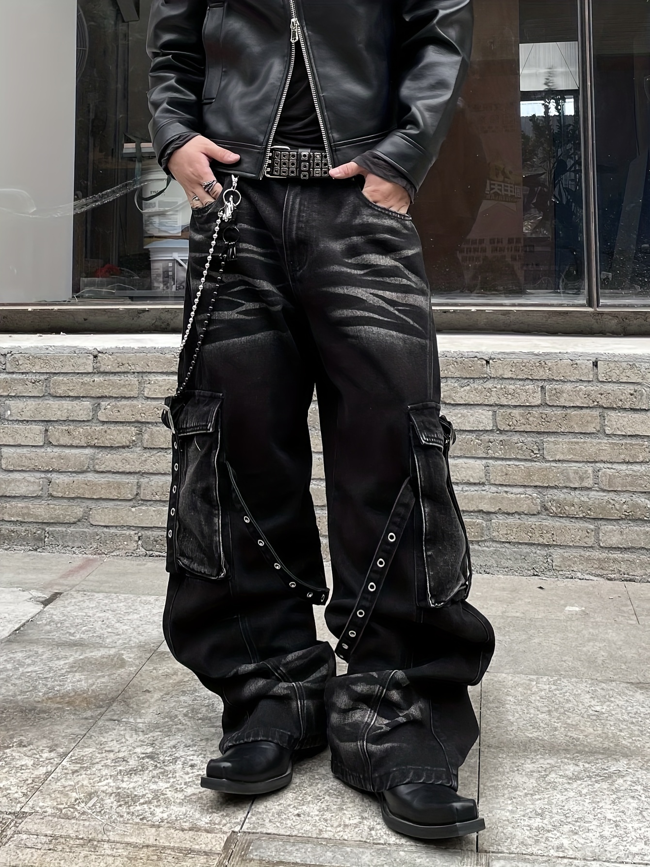 *'s Black Cargo Jeans Non-Stretch Work Pants with Multiple Utility  Pockets, Loose Fit Wide Leg Trousers for Streetwear, Urban Fashion