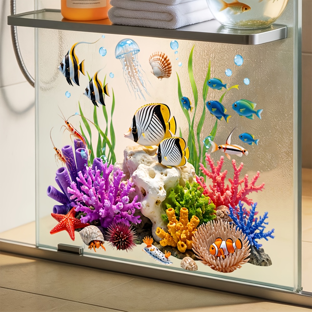 TEMU Autocollant en verre 1 pièce sur le thème de marine, motif coloré, poisson-clown et marin, décalcomanie auto-adhésive pour fenêtres de salle de