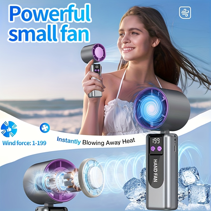 2025 new rechargeable handheld usb turbo fan mini semiconductor turbine fan with lithium battery long powerful wind generator 90 degree foldable design power cord wearable style 199 speed settings quick cooling technology lightweight for home and outdoor use Product details 1