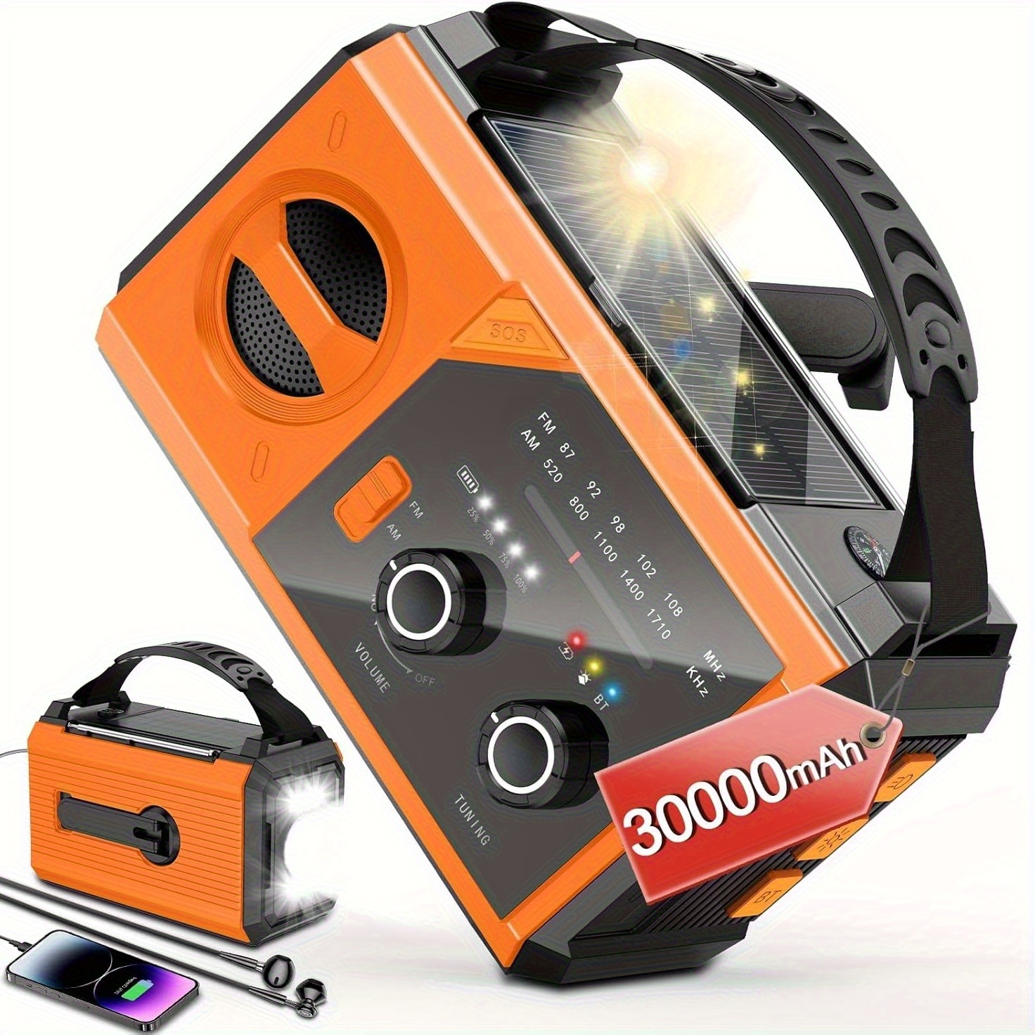 30000mah/111000mwh Crank Emergency Radio - Wireless Hand Crank Weather Radio With Battery Powered And Fast Charging, Noaa/am/fm Portable Solar Radio With Sos Alert Flashlight, Outdoor Survival Gear