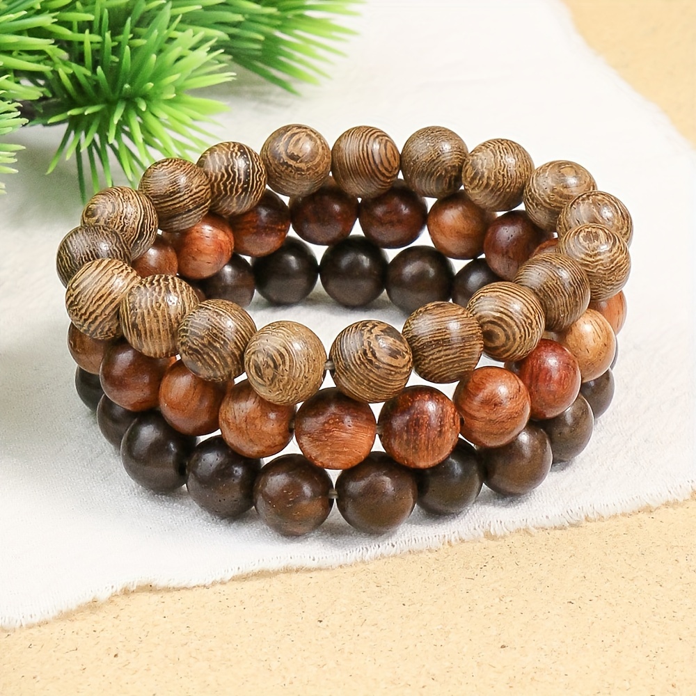 

Vintage Tribal Style Wooden Bead Bracelet Set Of 3, Elastic Stretch Fashion Bracelets For Men And Women, Unisex Multicolor Natural Wood Wristbands For Daily Wear, Gift, Travel - All Seasons Compatible