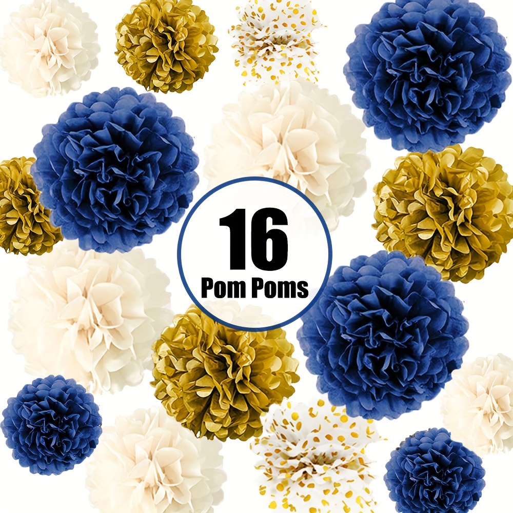 Image of 16-pack Paper Pom Poms Decoration Kit For Parties - Assorted Sizes, Blue And Golden, Tissue Paper Flowers, Suitable 14+