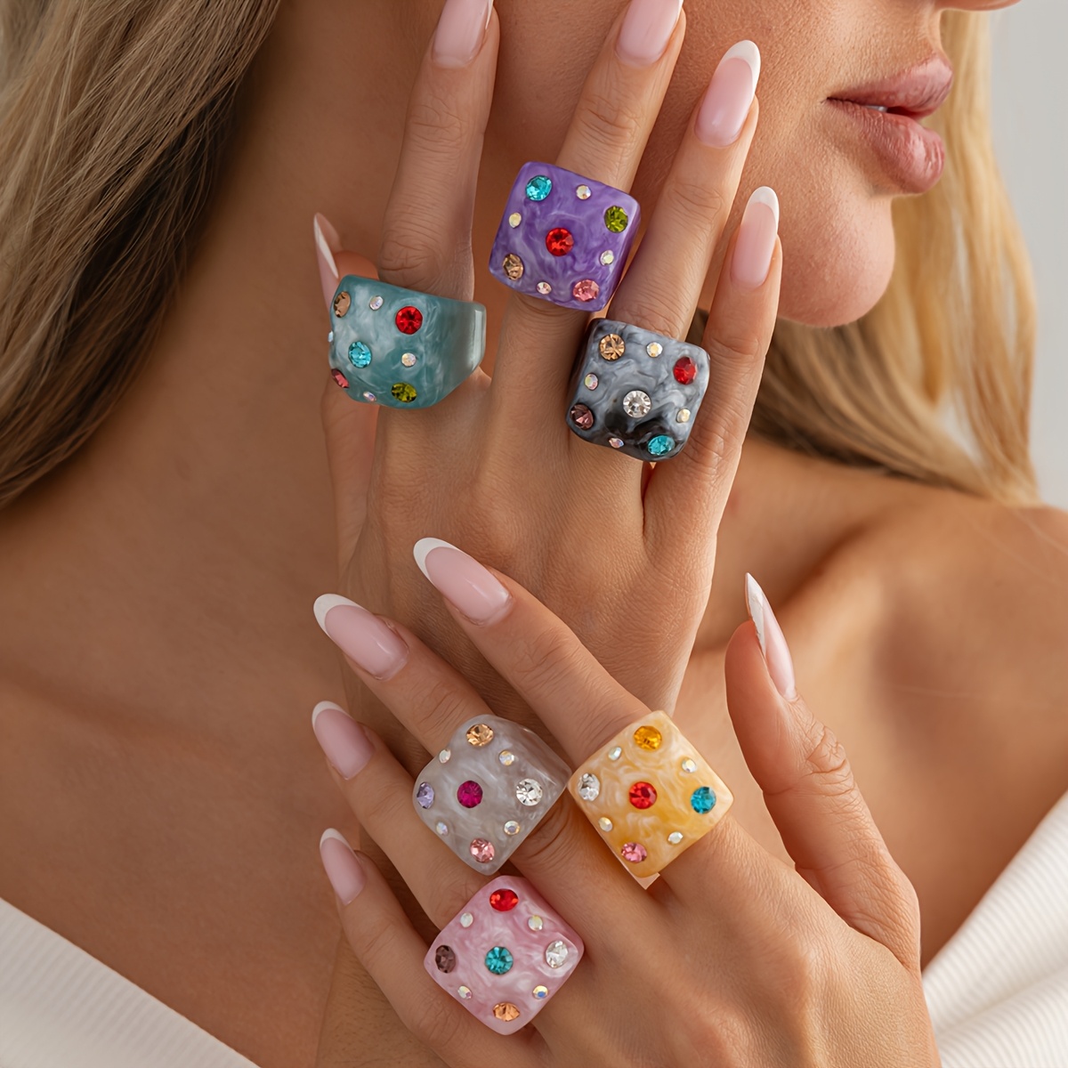 Colorful Resin Inlaid Rhinestone Exaggerated Ring, Summer Vacation Style