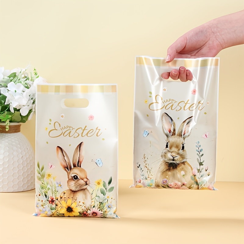 

10/25/50pcs, Easter Rabbit Tote Bags With Handles, Vintage Rabbit Bunny & Flowers Plastic Tote Bags Gift Bags With Handles, For Hunt, Party Favors, Treats & Gifts Wrapping