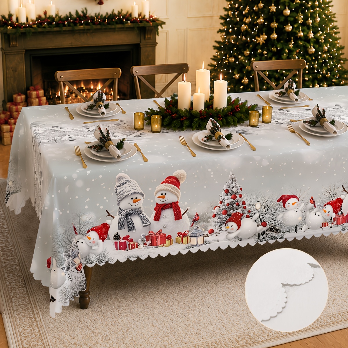 Image of 1pc Snowman Tablecloth - Winter & Snowman, Wrinkle-free Polyester Round & Rectangular Table Cover Suitable For Indoor/outdoor Christmas Holiday Dining, Winter Parties, ' Table Decor - Use