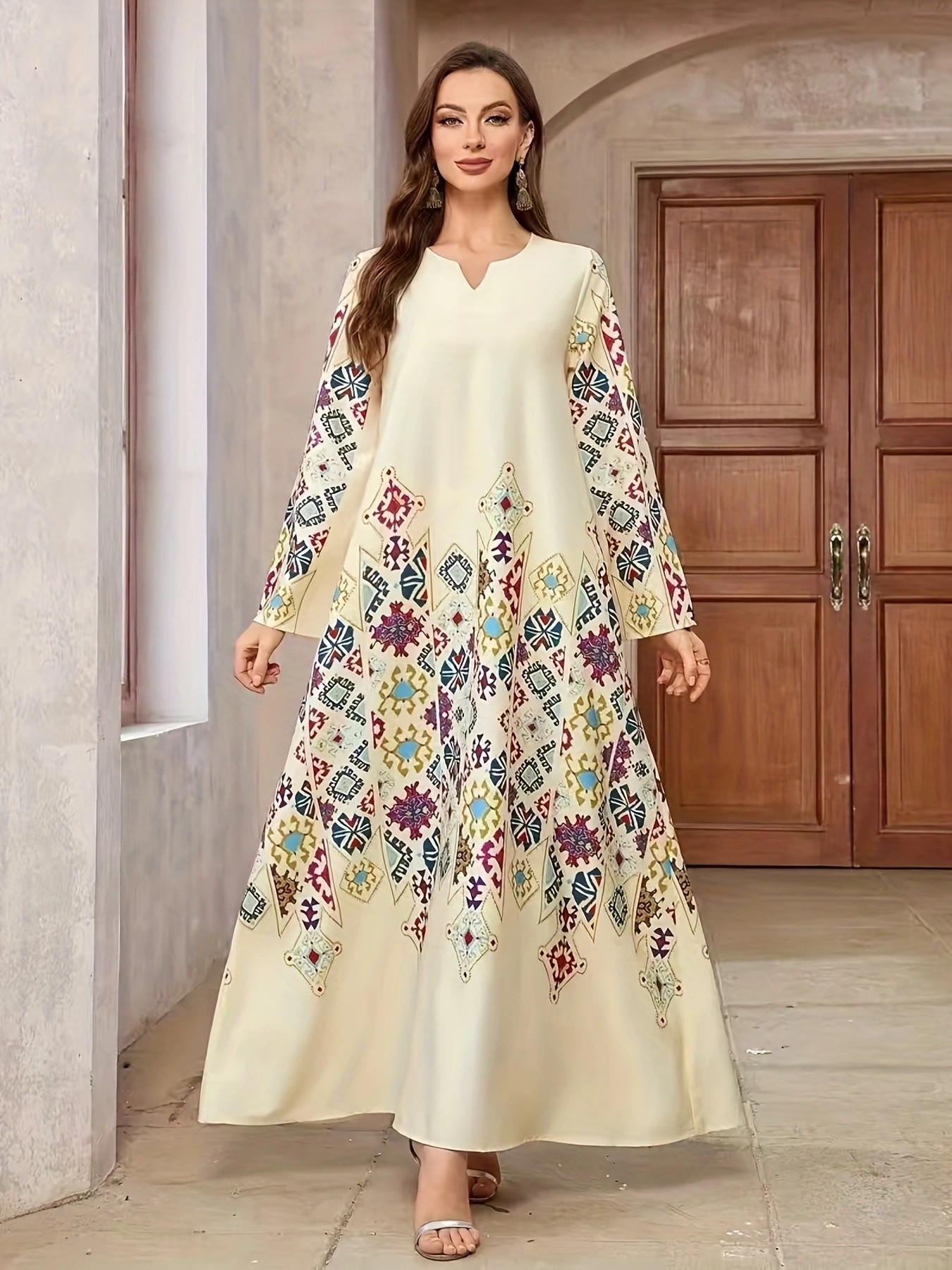 elegant v neck printed maxi dress long sleeves light yellow - Temu Germany