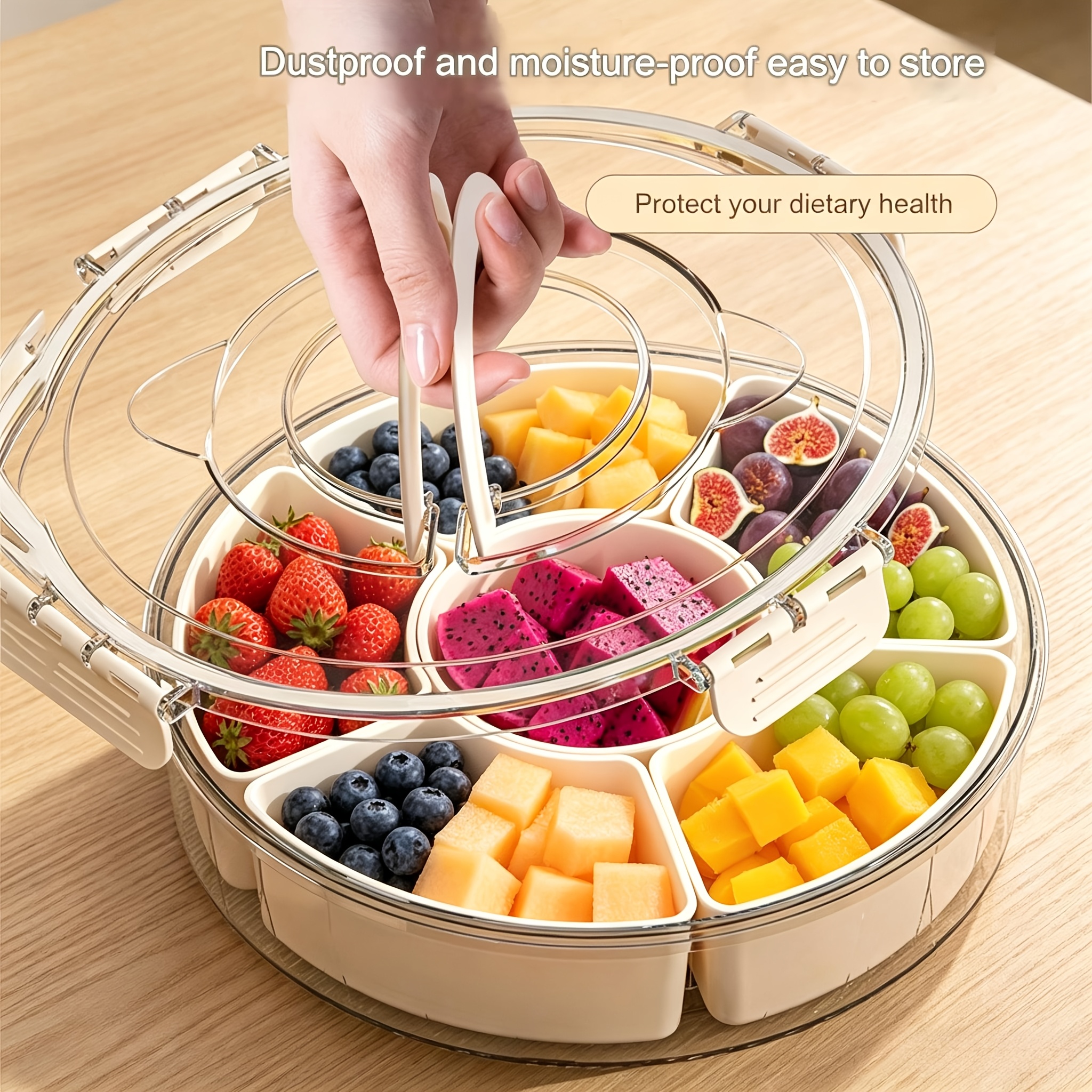 TEMU 360° Rotatable Divided Storage Tray With Lid, 6 Compartment Dustproof Snack Fruit Serving Platter, Multi-grid Spice Seasoning Organizer Box For
