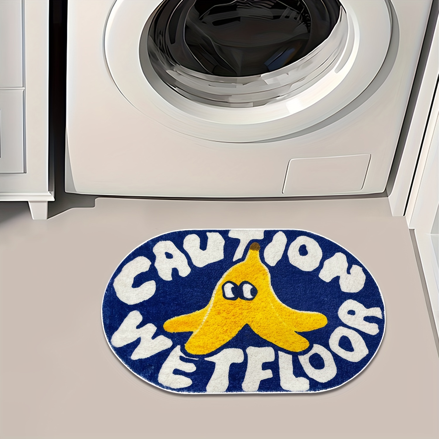 1pc blue cartoon creative caution wet floor carpet soft and comfortable   cashmere material tpr non slip bottom back suitable for bathroom laundry room kitchen washstand creative door mat and other indoor home carpet decoration oval cute   bath rug Product details 7