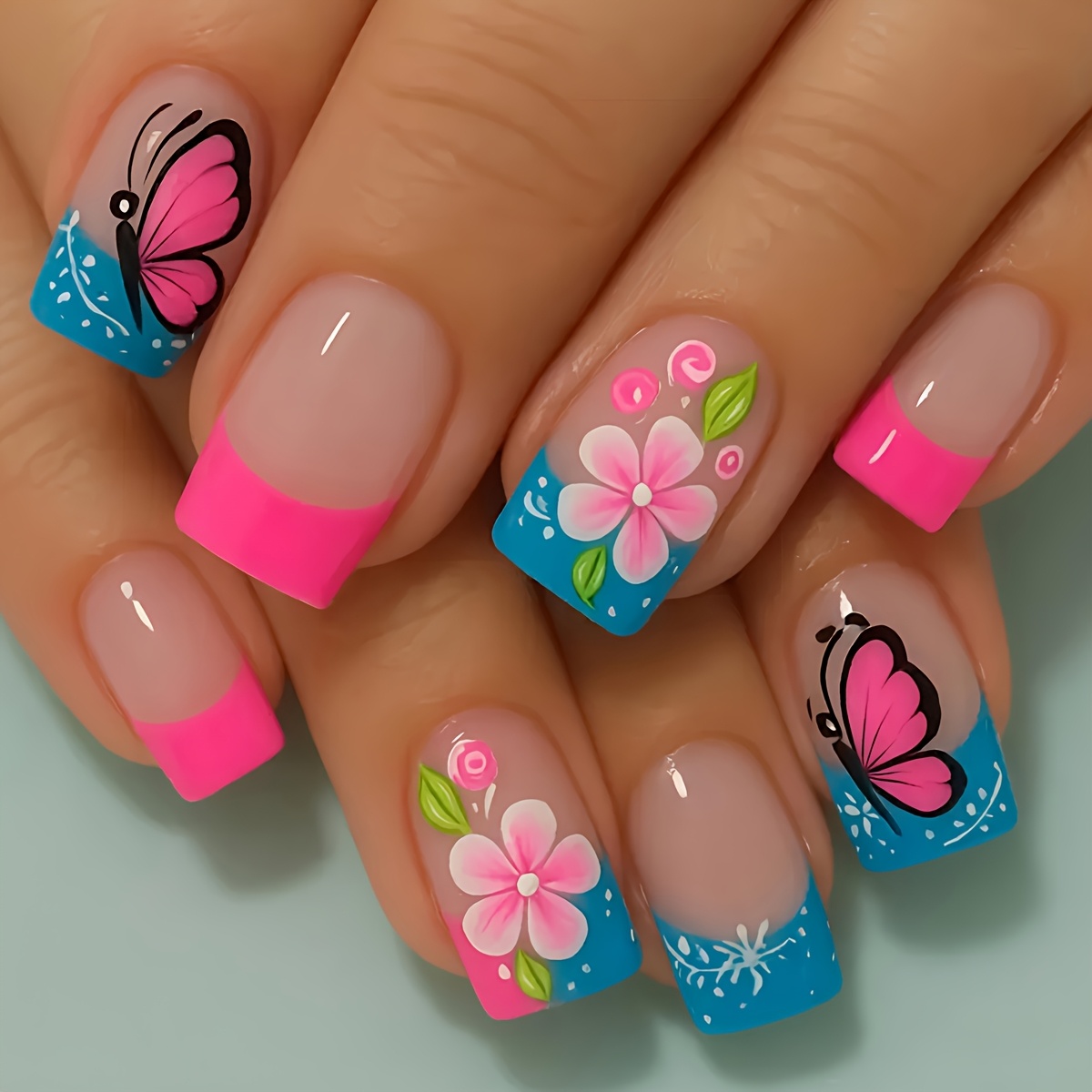 TEMU Faux ongles 24 pièces mi-longs, fleurs colorées et papillons, amovibles et réutilisables, parfaits pour quotidiennes, les fêtes, les vacances et
