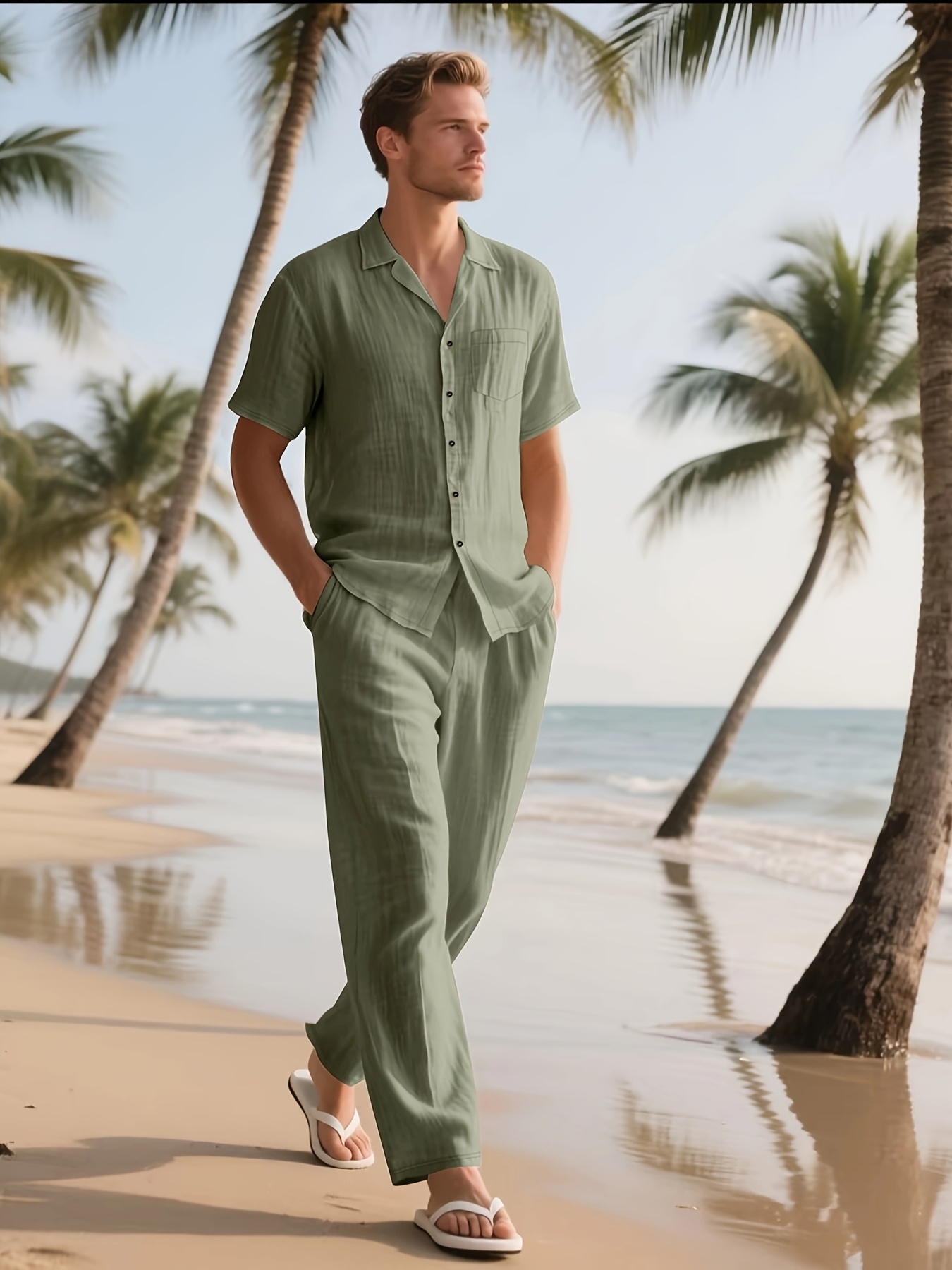 Men'S Summer Linen Casual Short Sleeve Shirt And Loose Beach Long Pants Set
