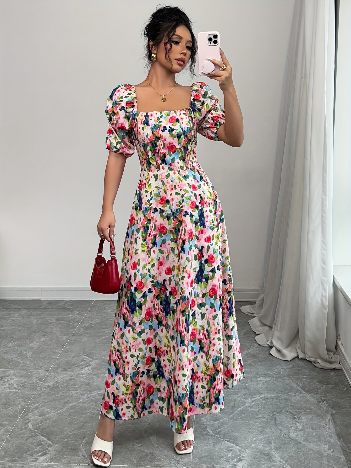 fall floral midi dress with sleeves Haptics Long Sleeve Fit and Flare Midi Floral Dress – Brooke in Color main image 0