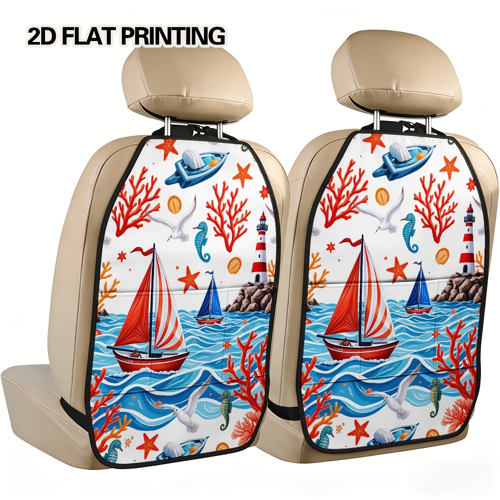 2d flat 2pcs nautical waves and   design car back seat organizer stylish vehicle accessory for men and women soft material foldable organizer for daily and weekend trips   a car seat back kick pad