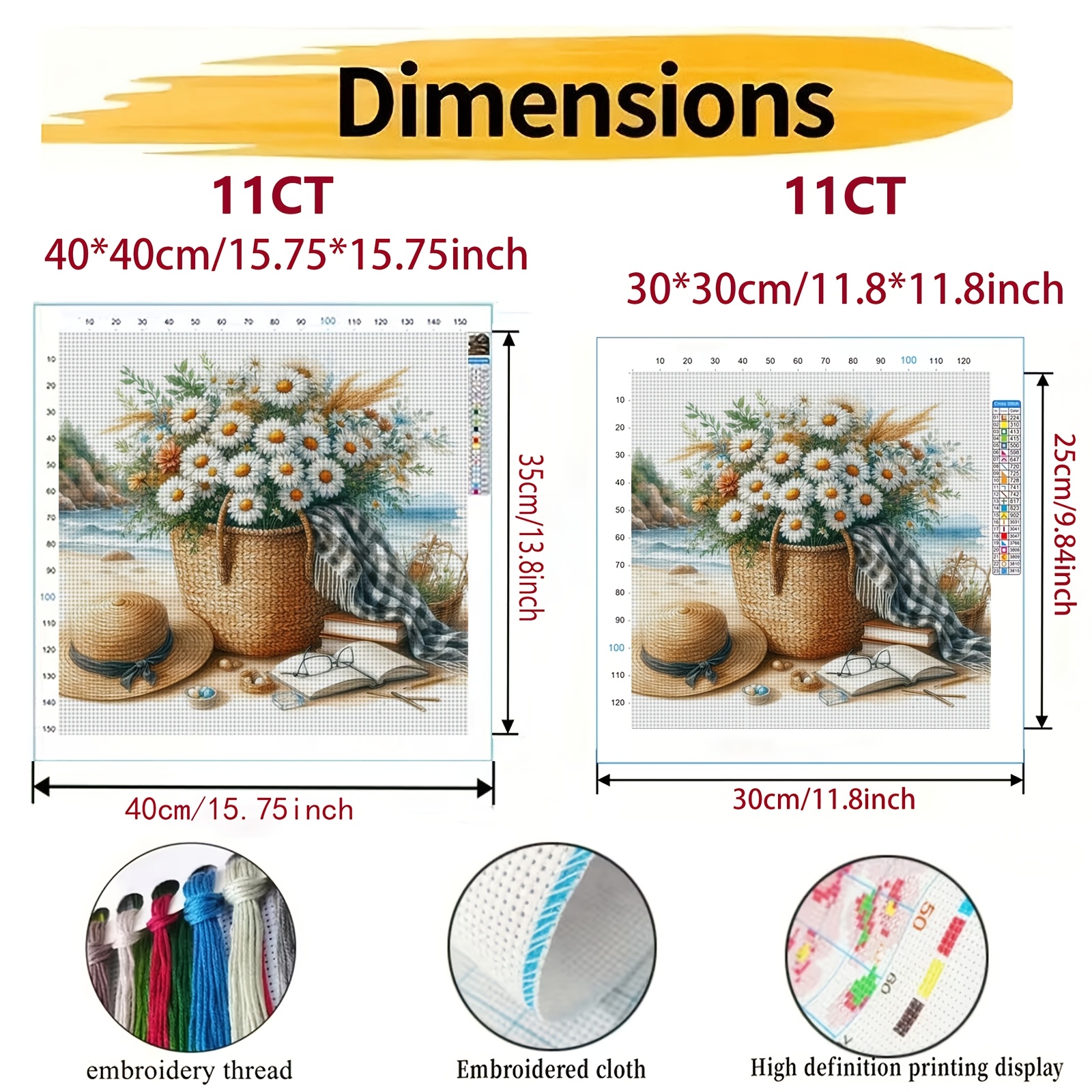 DIY Cross-stitch Printed Kit, Unframed, Beach Straw Basket Daisy Pattern
