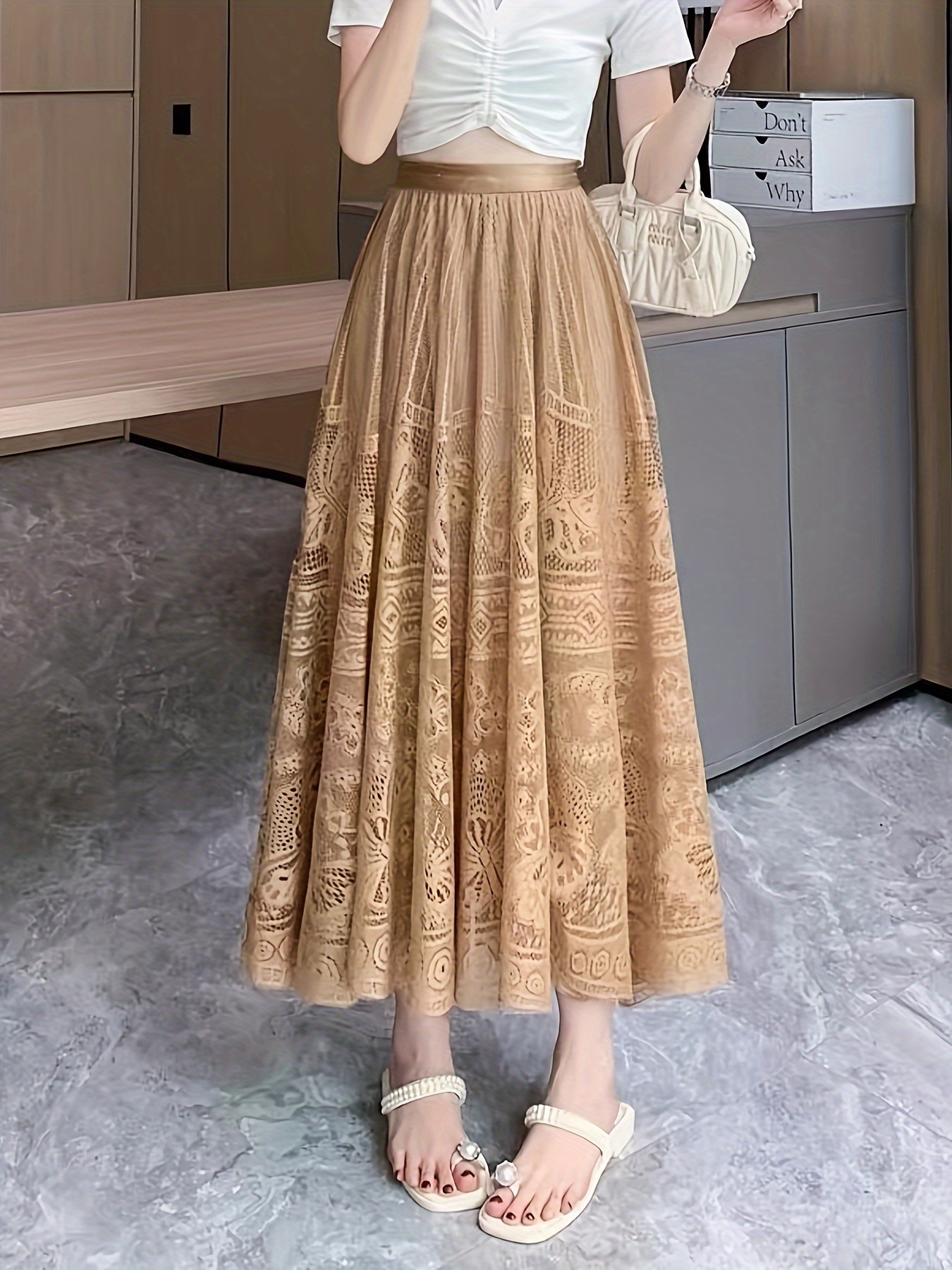 Eyelet Lace Ruffle Hem Skirt, Elegant High Waist Swing Aline Skirt For  Spring Fall, Women's Clothing