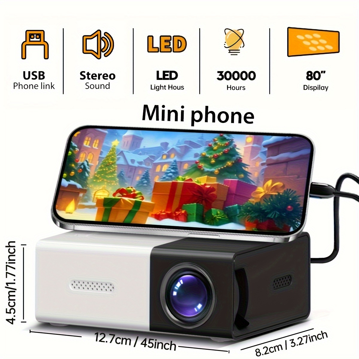 1080P Mini Portable Projector, Local 240P Resolution, Remote Control - a Smart Projector Compatible with Usb/Av/Ios/Android, Stylish Design, Suitable for Home Theater And Office Use