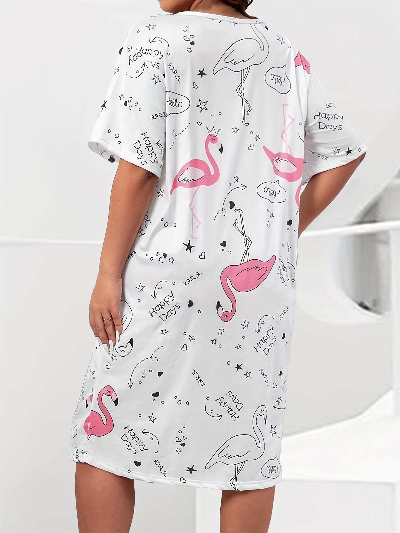 Plus Size Flamingo Print Dress Casual Short Sleeve Crew Neck Dress For Spring Summer Women s Plus Size Clothing