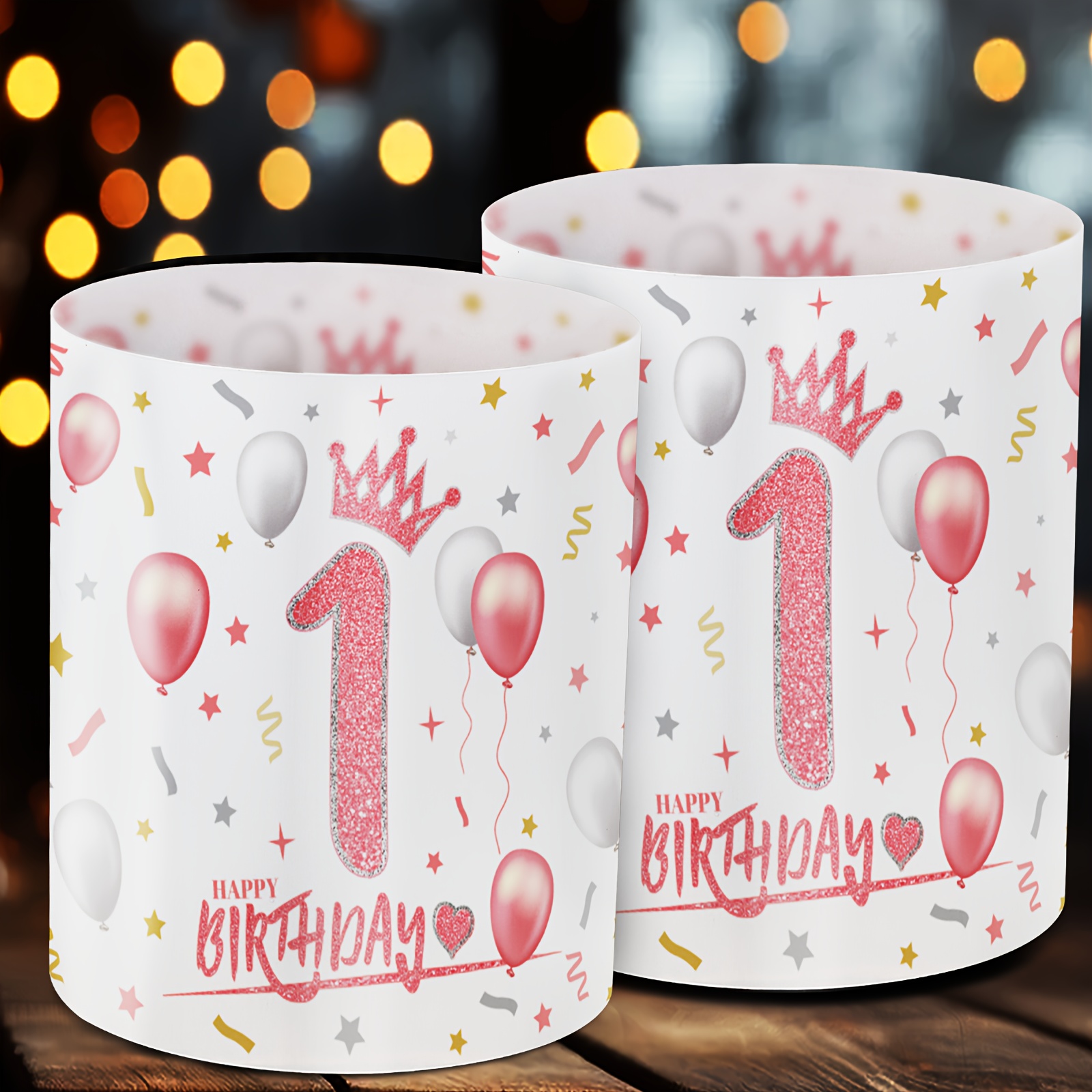 Image of 6pcs Pink Crown "1-year" Birthday Celebration Lampshade - Pink Number 1 And Pattern Candlestick, Decoration And Table Birthday Ornament, Year Celebration Atmosphere Ornament