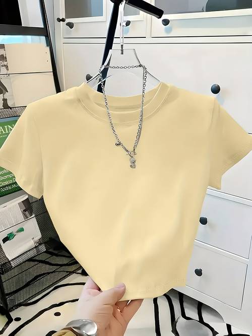 imagen del artículo camiseta ultra corta y elegante, top corto de color liso para mujer