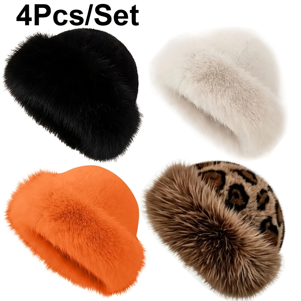 TEMU 4pcs For Men's & Women's Bucket Hat - Winter Warm Plush Thermal Windproof Hat With Soft Fluffy Filling, Round Top Suitable For Outdoor Travel,