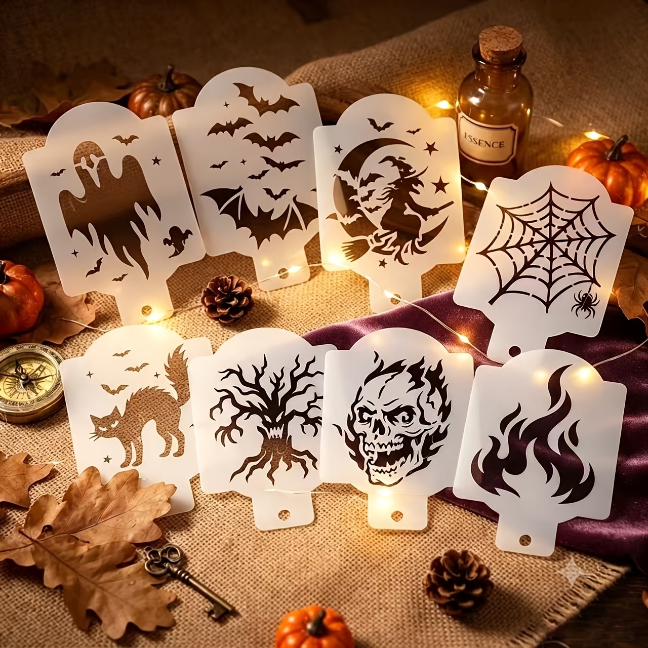 TEMU 1 Set With 8pcs Halloween Painting Stencils Featuring Scary Bats, , Witches, Webs, , Flames And More Patterns, Reusable Painting Stencils For