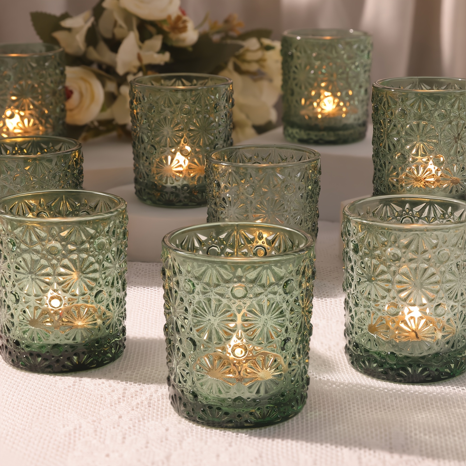 E-shop 12-teiliges Set Glas-Kerzenhalter, Grün/Blau – Tischdeko im nordischen Stil, von festlicher Atmosphäre – für Hochzeiten, Partys
