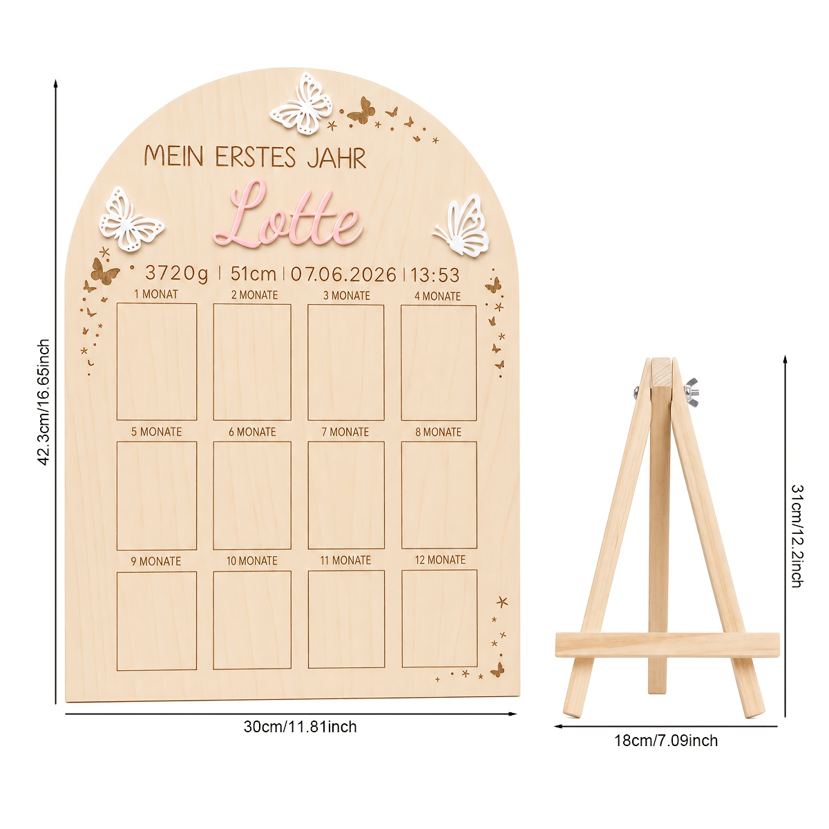 TEMU 2D-flaches Rahmenschild mit Anzeigetafel Sockel, personalisierbar mit Namen Geburtsattribut, mit 12 Fotoschlitzen, für Schmetterlings-Thema, 1.