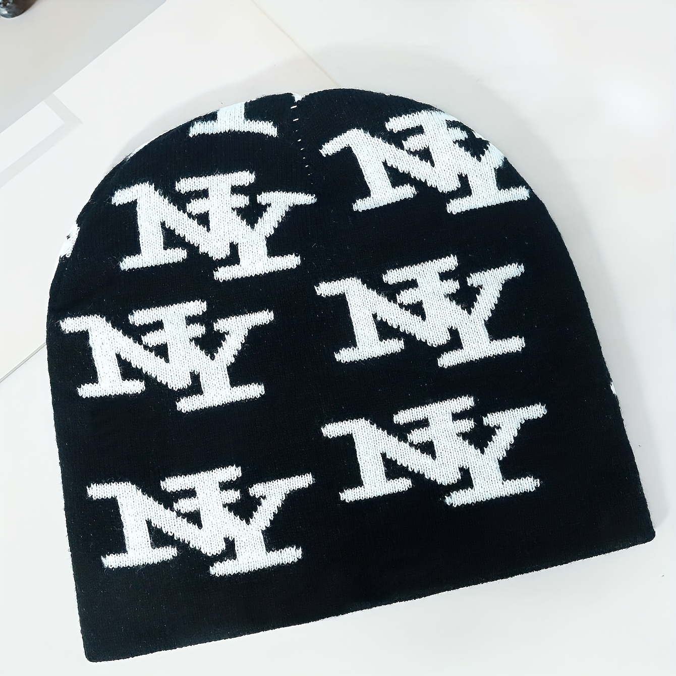 TEMU 1pc Unisex New Style Jacquard Brimless Knit Hat With Full "" Lettering, Holiday Party Hip-hop Beanie, Outdoor Casual Pullover , Outdoor Cycling