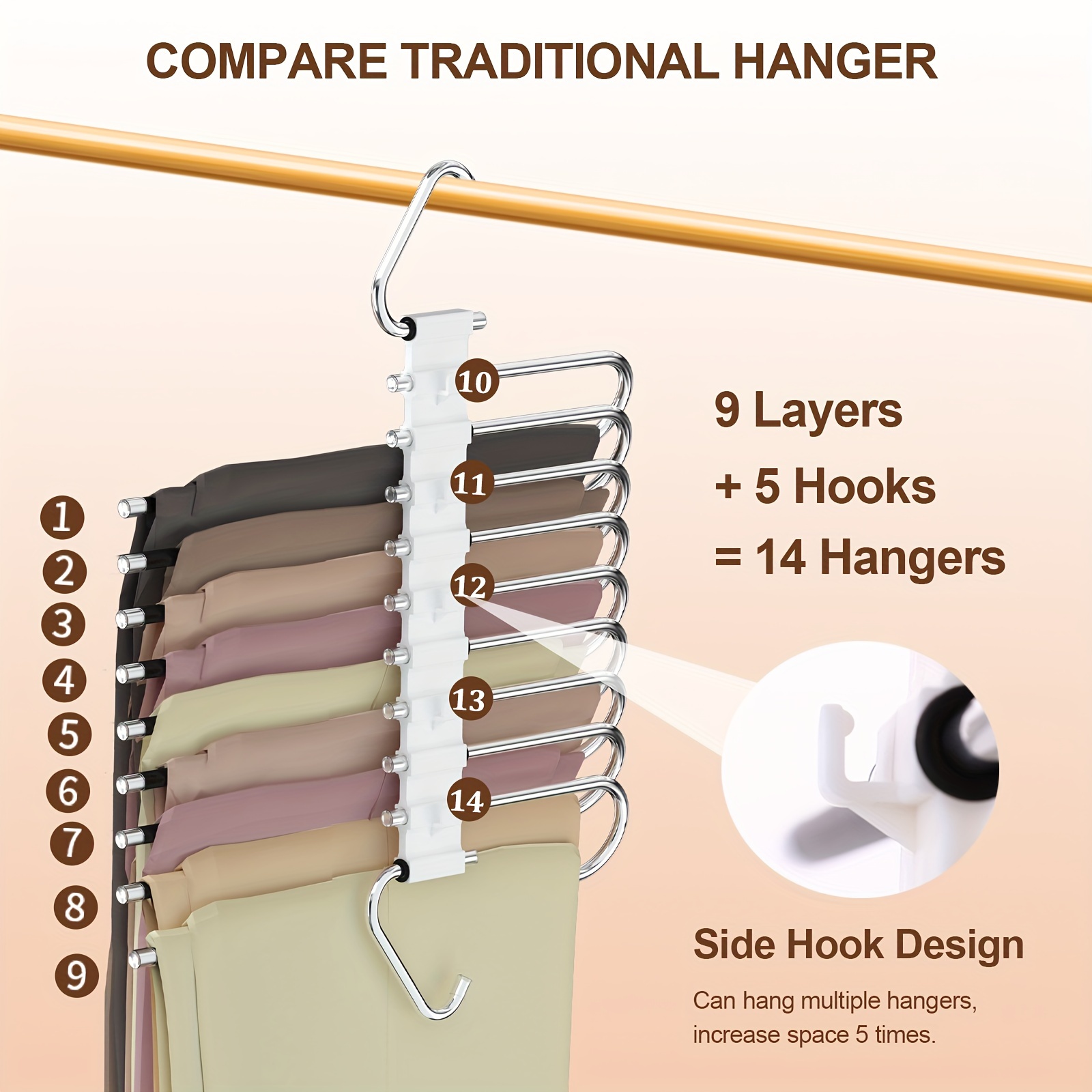 

9-tier Metal Pants Hanger Rack With 14 Hooks, Space-saving Closet Organizer For Jeans, Scarves, And Wardrobe Storage