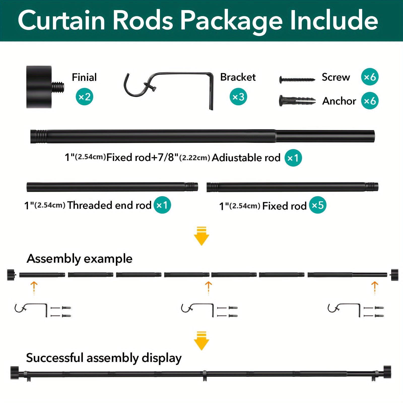 Image of Single Curtain Rod, Black Curtain Rods For Bedroom, Living Room, Patio, Kitchen, Farmhouse,, 1 Inch Heavy Duty Curtain Rods For Windows, Modern Adjustable Drapery Rods, 66" -120" Long Rod