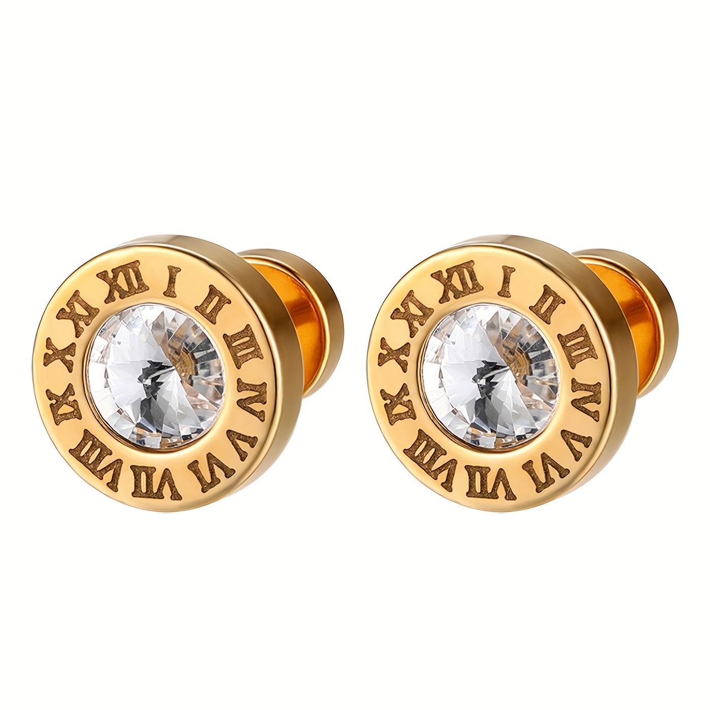 Image of Unisex Ear Studs, Cylindrical, Inlaid With Synthetic Zirconia, Roman , Stainless Steel Material, Jewelry Gift, Suitable For Wearing On Occasions