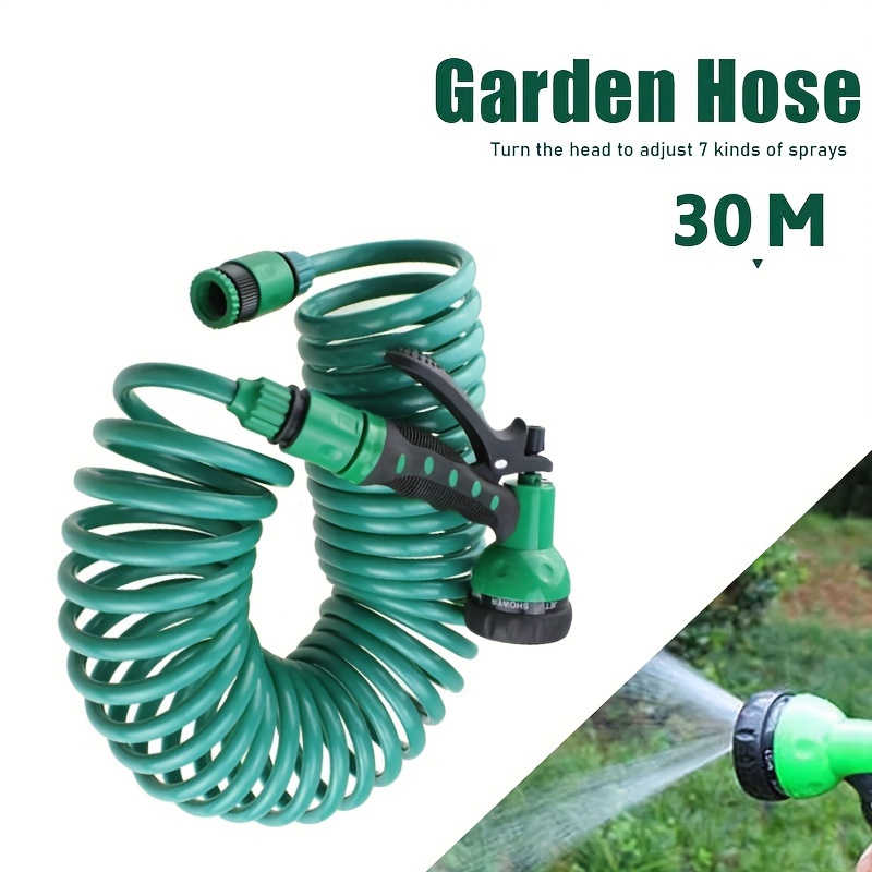

1 Roll, 30m/98.4ft Eva Retractable Coil Garden Hose With 7-mode Spray Gun, Flexible Magic Spring Pipe, Plastic Hose For Plant Watering Car Cleaning, Outdoor Lawn Equipment