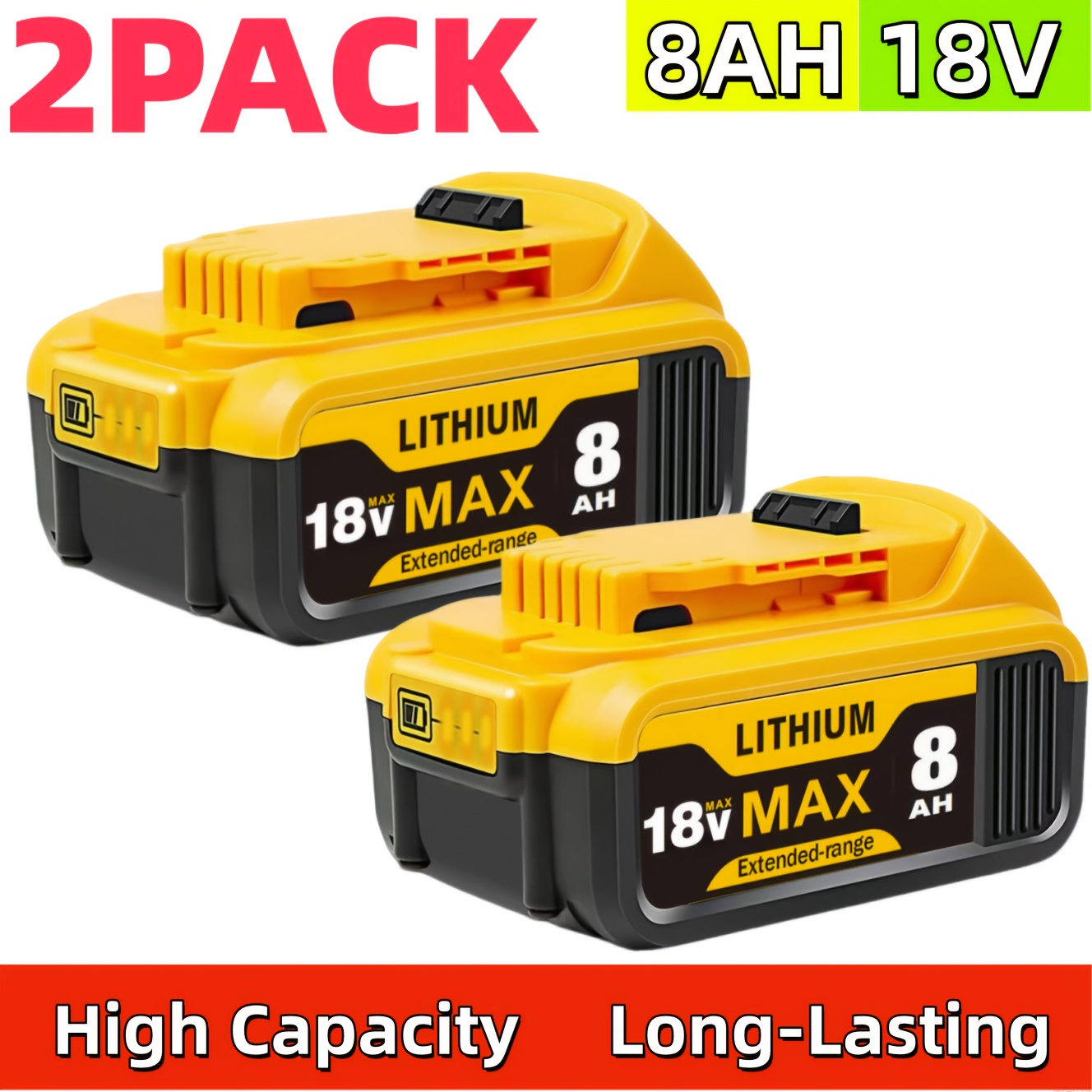 TEMU Set Of 2 18v 8.0ah Lithium-ion Designed For 18v Max Xr Models, Compatible With Dcb200, Dcb180, Dcb181, , , And Dcb201, Featuring Led Indicators