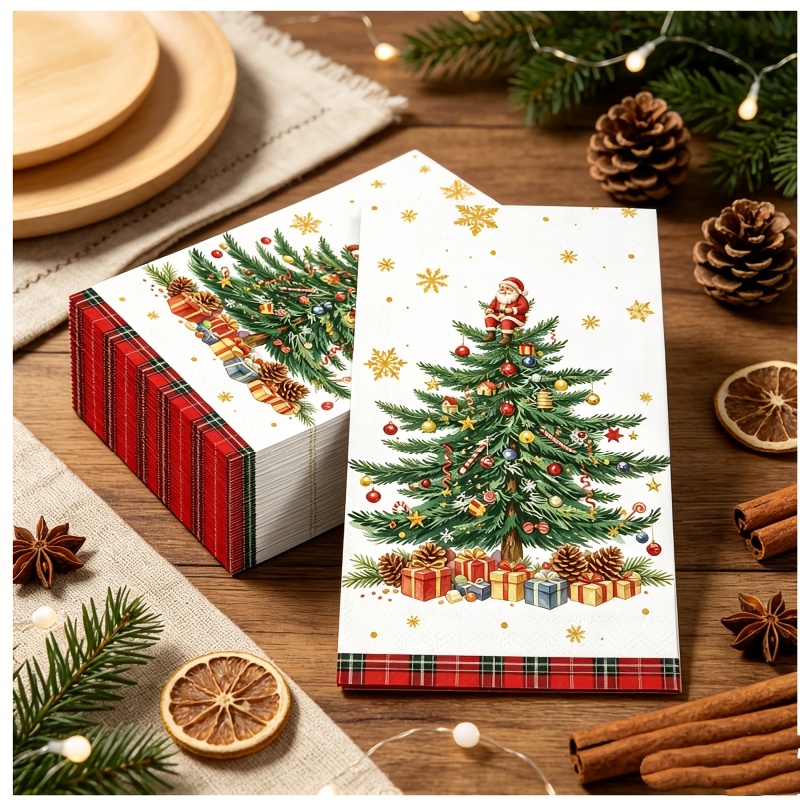 TEMU Lot de 20 serviettes de table à carreaux de Noël avec le Père Noël, vaisselle jetable rouge et verte à carreaux, serviettes décoratives pour